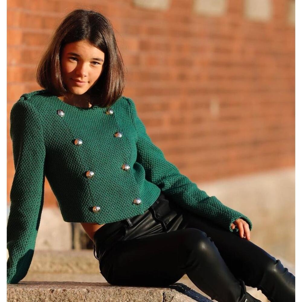 Zara Emerald Green Cropped Military Jacket Gold Button NWT - Picture 12 of 16